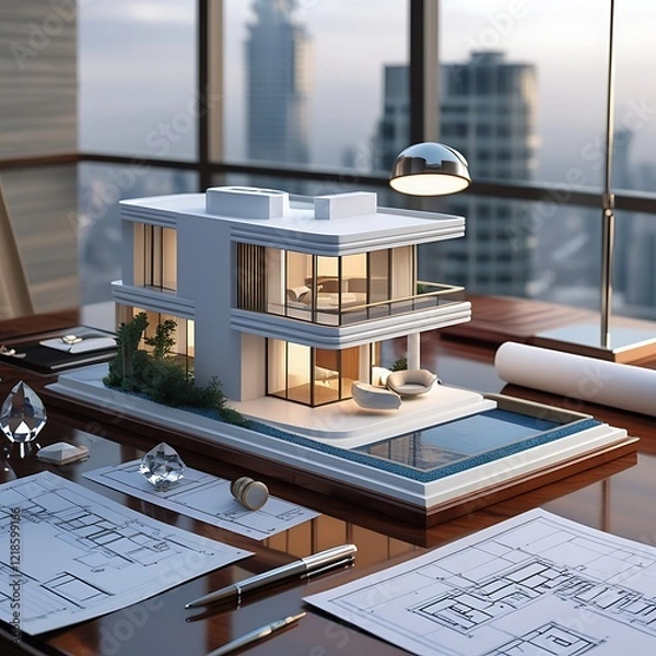 Obraz 3D Model of a White Modern Luxury Building on wooden desk with Architectural Blueprints