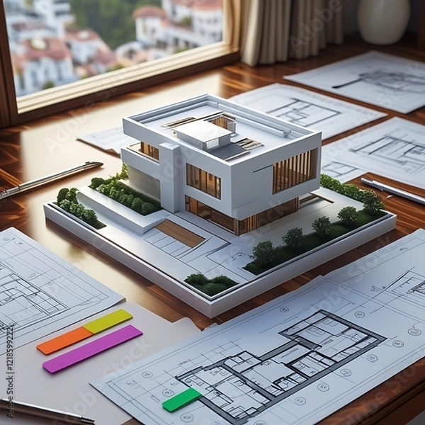 Obraz 3D Model of a White Modern Luxury Building on wooden desk with Architectural Blueprints