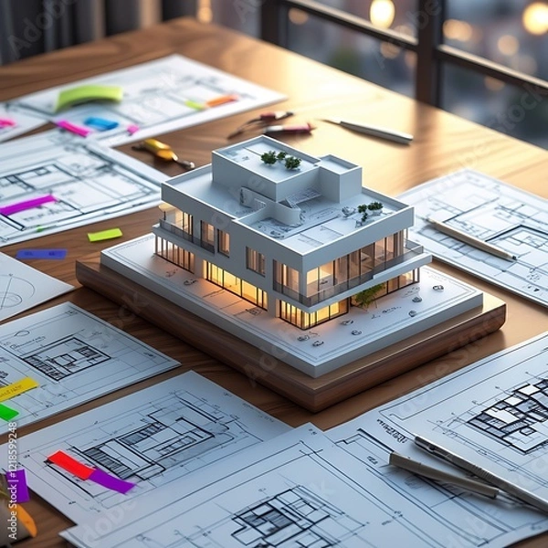 Obraz 3D Model of a White Modern Luxury Building on wooden desk with Architectural Blueprints