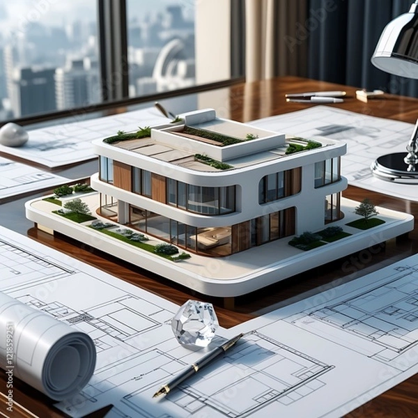 Obraz 3D Model of a White Modern Luxury Building on wooden desk with Architectural Blueprints