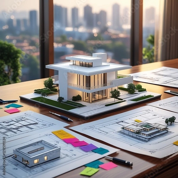 Obraz 3D Model of a White Modern Luxury Building on wooden desk with Architectural Blueprints