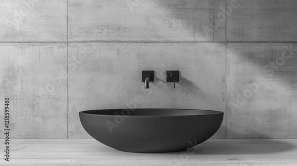 Obraz A Sleek, Black Sink Sits Against A Minimalist Concrete Wall.  Modern, Clean Lines And Muted Colors Create A Calm Atmosphere.