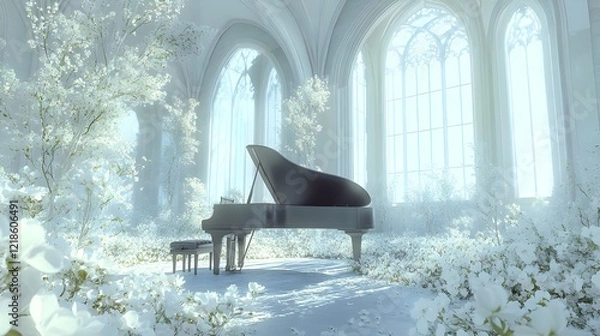 Fototapeta A piano sits in a room surrounded by floral and flowers generative AI