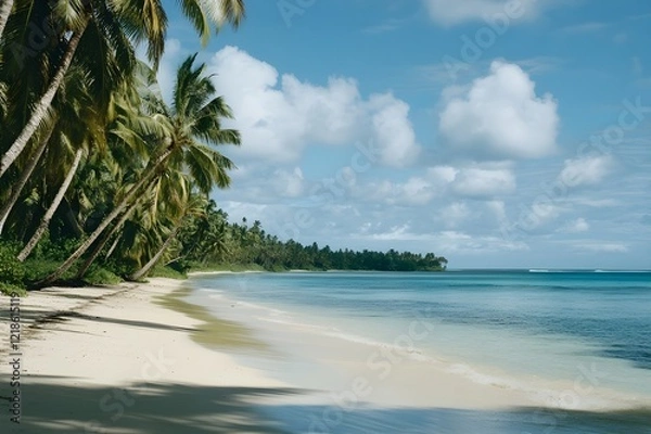 Fototapeta A tranquil beach background featuring soft golden sand and calm blue waters, overgrown with tall coconut trees on the left and right also lit by a clear blue sky with clouds adding to the tropical cha