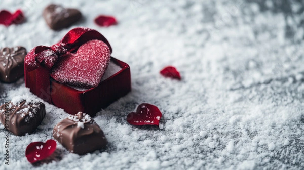 Fototapeta Romantic red velvet ribbon around heart-shaped chocolates on snow-covered table with rose petals: Snowy Valentines Day Aesthetics