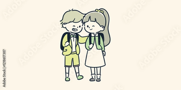 Fototapeta 入学式にランドセルを背負って微笑み合う仲のいい男の子と女の子の友達のシンプルでかわいいイラスト