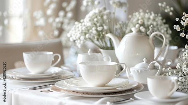 Obraz ウェディングの美しい白いカップや皿、お花