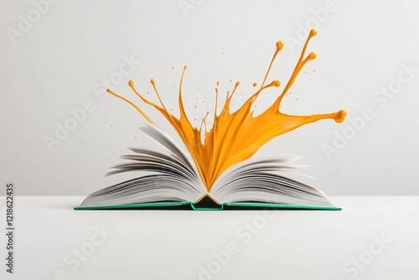 Obraz Open book with vibrant orange splash illustrating creativity and