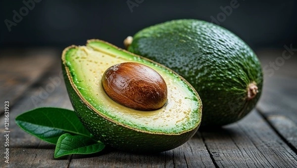 Obraz A ripe green avocado cut in half displays its seed on a rustic wooden surface
