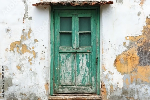 Fototapeta Weathered green door with rustic charm on a worn wall in a quaint village setting