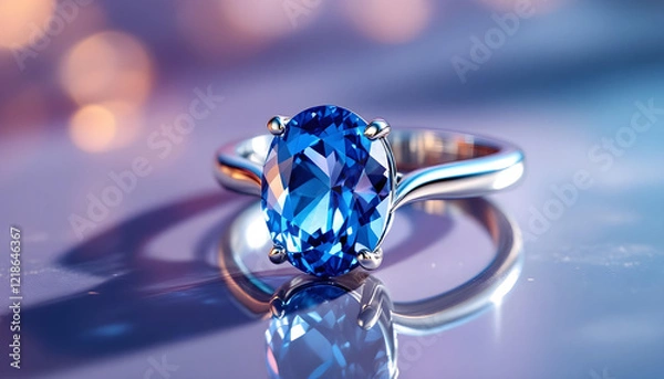Fototapeta A stunning sapphire ring with a platinum band, illuminated by soft light, resting on a polished mirror surface with a gradient purple and gold background.
