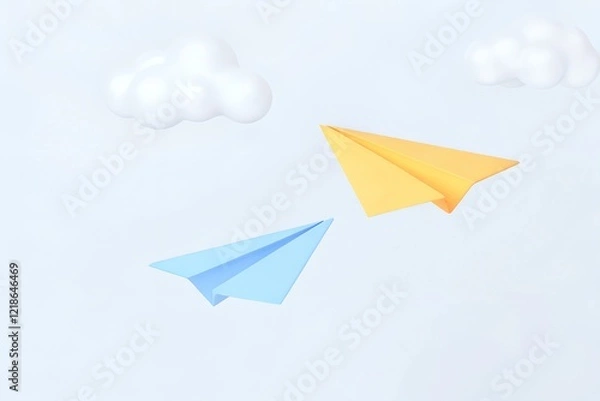 Fototapeta Colorful 3D Paper Airplanes with Clouds – Minimalist Cartoon Design