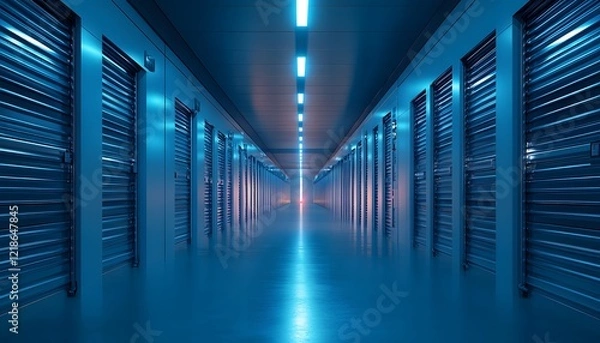 Obraz A modern storage facility showcasing long corridors with metallic roll-up doors under ambient blue lighting, creating a cool and organized atmosphere for item storage.