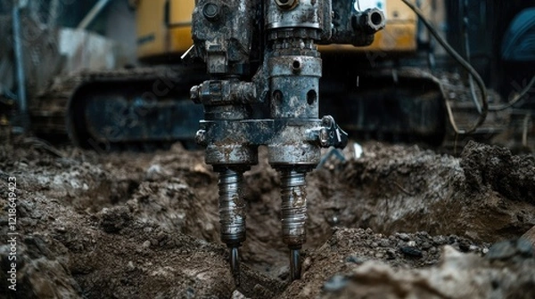 Fototapeta The drill mechanism of a water well drilling machine being lowered into the ground, with the earth beneath being disturbed.