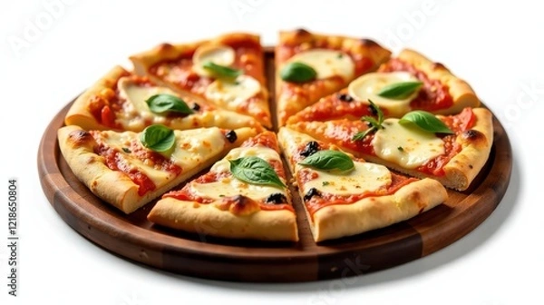 Fototapeta A delicious and appetizing pizza, cut into slices, arranged on a rustic wooden board, ready to be enjoyed.  The melted cheese and fresh basil garnish enhance its visual appeal.