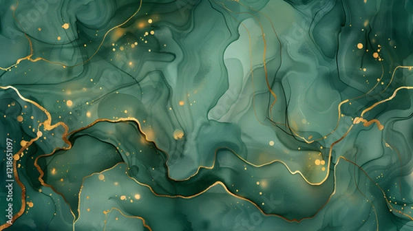 Fototapeta Abstract green and gold watercolor background with a stunning marble effect, generative ai