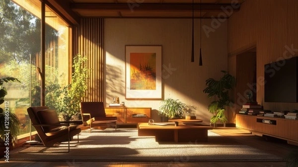 Fototapeta Sun-Drenched Living Room With Mid-Century Modern Furniture, Plants, And A Warm, Inviting Atmosphere. Perfect For Relaxing And Enjoying The View.