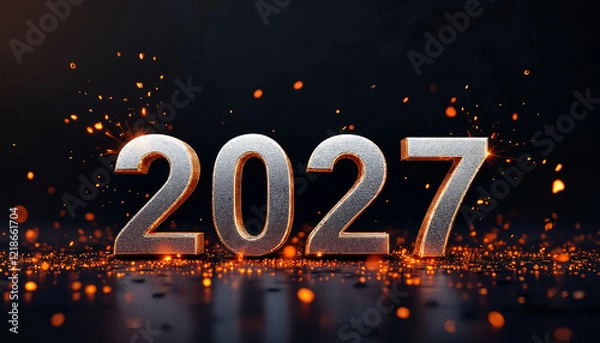 Fototapeta Festive 2025, 2024, 2026, 2027, 2028 sparklers glowing on a snowy surface with city lights in the background. Perfect for New Year celebrations.