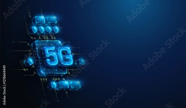 Fototapeta Abstract illustration of low poly 5G wireless mobile network cpu chip. Blue geometric background depicting 5th generation communication hardware technology concept by wireframe mesh