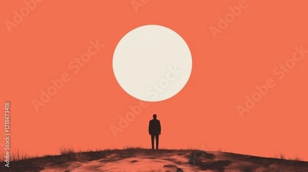 Fototapeta Silhouette of a person standing on a hill, gazing at a large white circle in a vibrant orange sky.