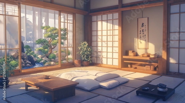 Fototapeta Serene bedroom with wooden furniture, tatami mats, indoor plants, large windows, natural light streaming in, and a peaceful atmosphere.