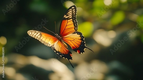 Fototapeta A vibrant butterfly in mid-flight, showcasing its colorful wings against a blurred background.
