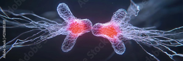 Fototapeta A 3D-rendered animation frame of a cell splitting into two daughter cells, highlighting the intricate movements of chromosomes and spindle fibers,