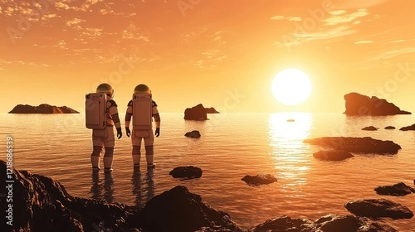 Fototapeta Two Astronauts Observe Sunset Over Alien Ocean