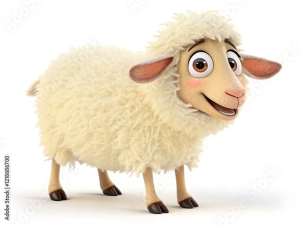 Fototapeta Adorable 3D cartoon cute sheep standing happily, isolated on a white background