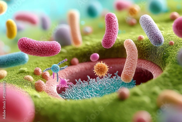 Obraz A vibrant illustration of the human gut microbiome, showcasing diverse bacteria species interacting within the digestive system with colorful and detailed textures,