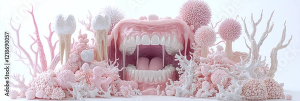 Obraz An elegant digital artwork depicting the oral microbiome, featuring various bacteria types surrounding teeth and gums in a harmonious composition,