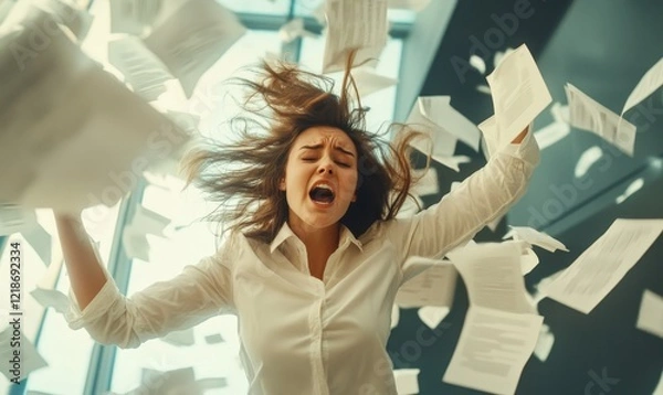 Obraz Overwhelmed young businesswoman in panic with papers flying in chaos at her workplace, concept of stress and deadline in the corporate environment, Generative AI