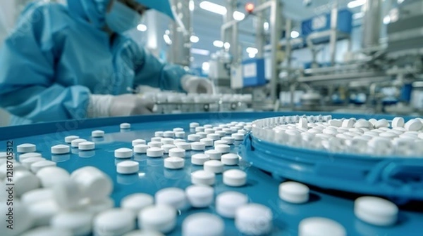 Obraz Closeup of white pills on a production line in a modern pharmaceutical manufacturing facility. Workers in protective gear ensure quality control, efficiency, and safety in the factory