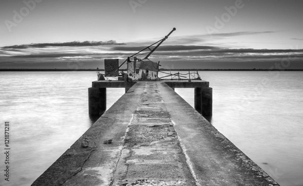 Obraz Ancient industrial pier, black and white pier with hoist