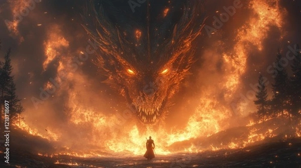 Obraz Heroic warrior facing apocalyptic dragon in fiery inferno. Generative AI