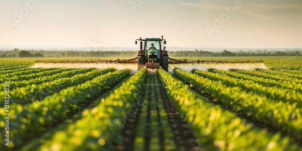 Fototapeta Tractor spraying pesticides on soybean field
