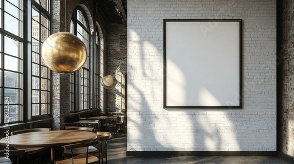 Fototapeta Modern Cafe Interior with Empty Frame and Stylish Lighting Design