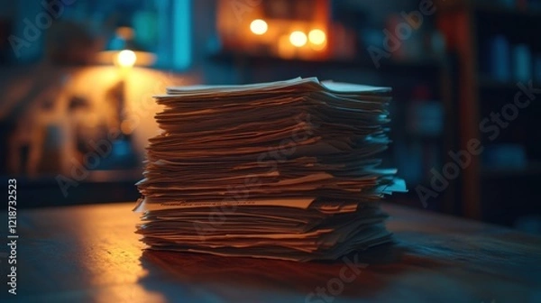 Fototapeta Stack of Paper Documents on Wooden Table in Soft Ambient Lighting
