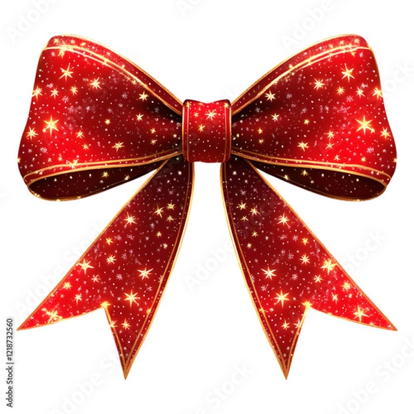 Fototapeta Red Festive Bow with Gold Trim and Stars on a transparent background, cut out, PNG 3D Digital Art, clip art.