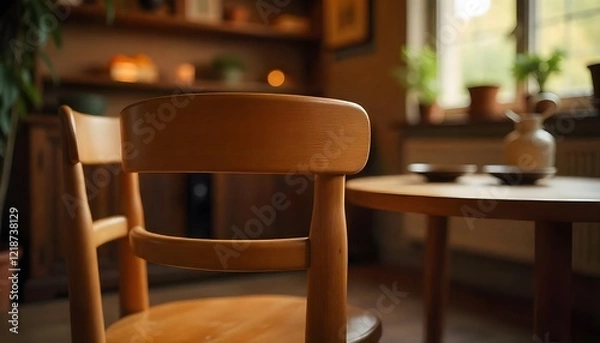 Fototapeta Wooden chairs and table in a softly lit room with plants visible through the window