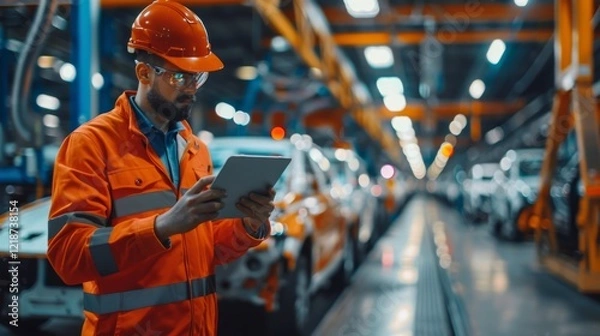 Fototapeta An engineer wearing safety gear and a hard hat uses a tablet to inspect a modern car manufacturing plant. The background shows a busy factory floor with cars on the production line.