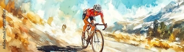 Obraz Cyclist racing down a mountain road, speed and motion, watercolor style
