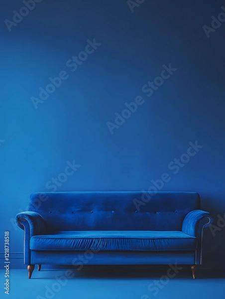 Obraz Blue luxury soft comfortable sofa on a blue plain background. Neural network AI generated art