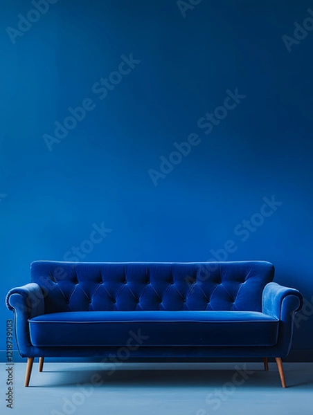 Obraz Blue luxury soft comfortable sofa on a blue plain background. Neural network AI generated art
