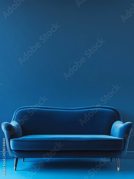 Obraz Blue luxury soft comfortable sofa on a blue plain background. Neural network AI generated art