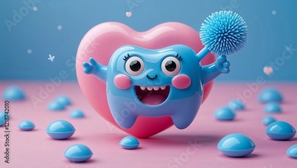 Obraz A cartoon clown with a red heart and heart-shaped balloons brings fun Valentine's love