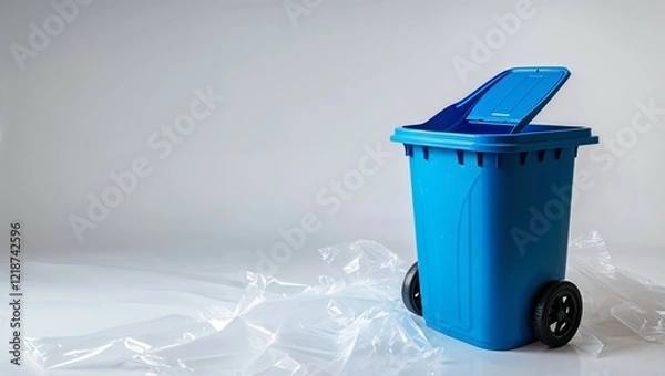 Obraz An isolated blue plastic bin with a white lid stands empty, ready for recycling metal, paper, or other waste