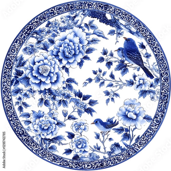 Obraz A blue and white flower design with two birds on it