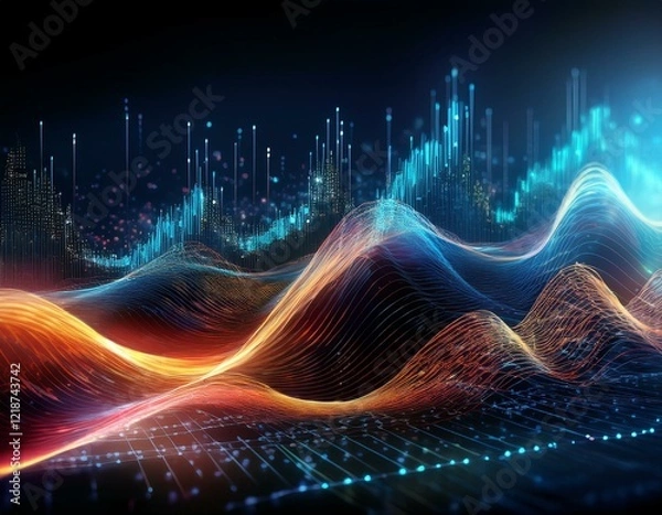 Fototapeta a futuristic depiction of financial data with abstract waves representing market trends and fluctuations enhanced by glowing dots and lines