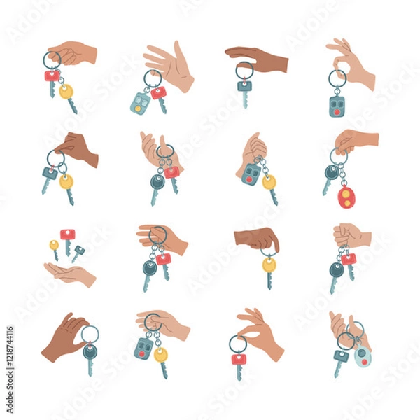 Obraz Hands holding various bunch of keys from house door or car. Electronic key with alarm system in arm. Rent auto or house in icon. Buying property, sell vehicle or apartment service. Vector illustration